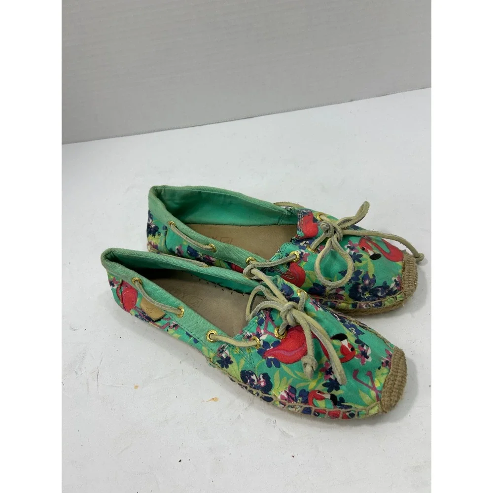 Sperry Flamingo Floral Espadrille Boat Shoes 6M Mint Green Tropical Boho Coastal